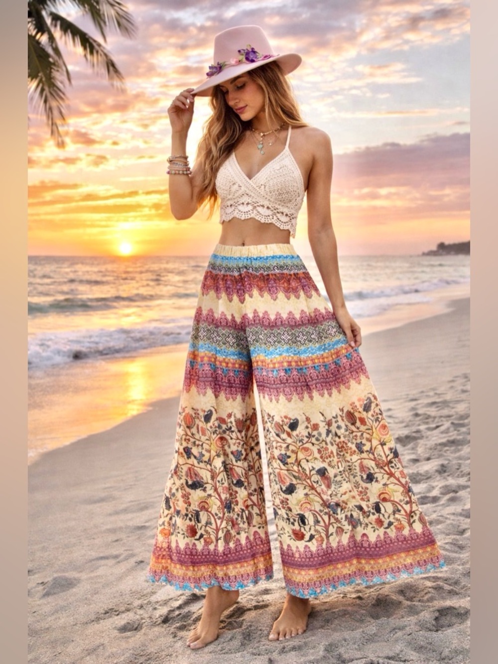 Bohemian Wide-Leg Floral Print Pants in Cream